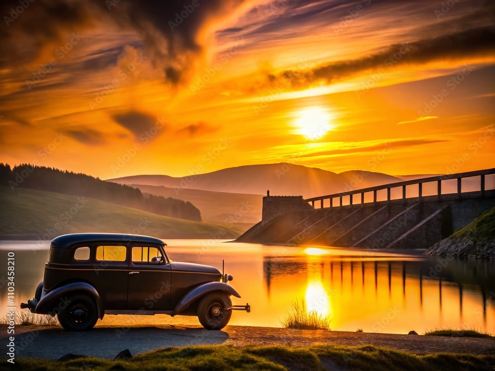 Fototapeta premium Captivating Silhouette of an Old Wooden Car Against a Stone Dam and Rolling Hills at Dusk - A Nostalgic Scene Captured in Shadowy Contrast