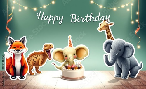 Cute cartoon animals, birthday party scene, fox, deer, mouse, elephant, birthday cake, party hats, string lights, teal background, festive atmosphere, happy birthday text, whimsical illustration, chil photo