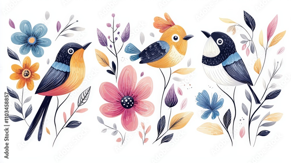 Fototapeta premium Set of hand-drawn birds and flowers in traditional ethnic folklore style, with bright and bold designs, isolated on a white background for a clean, artistic look.