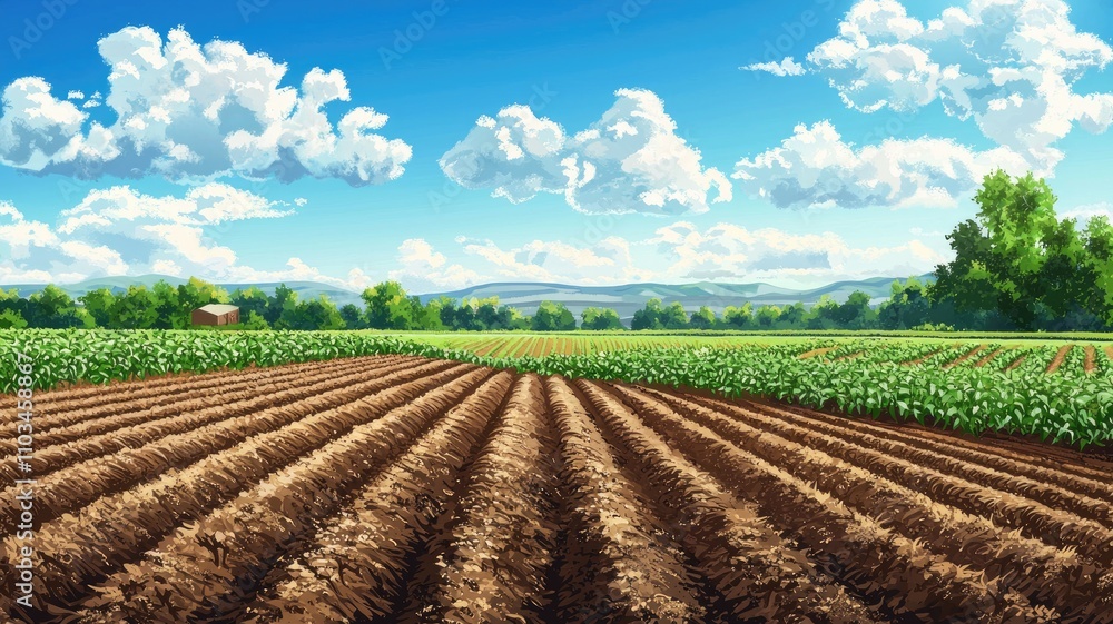A Rustic Farm Field with Lush Crops Under a Blue Sky A Rustic Farm Field with Lush Crops Under a Blue Sky