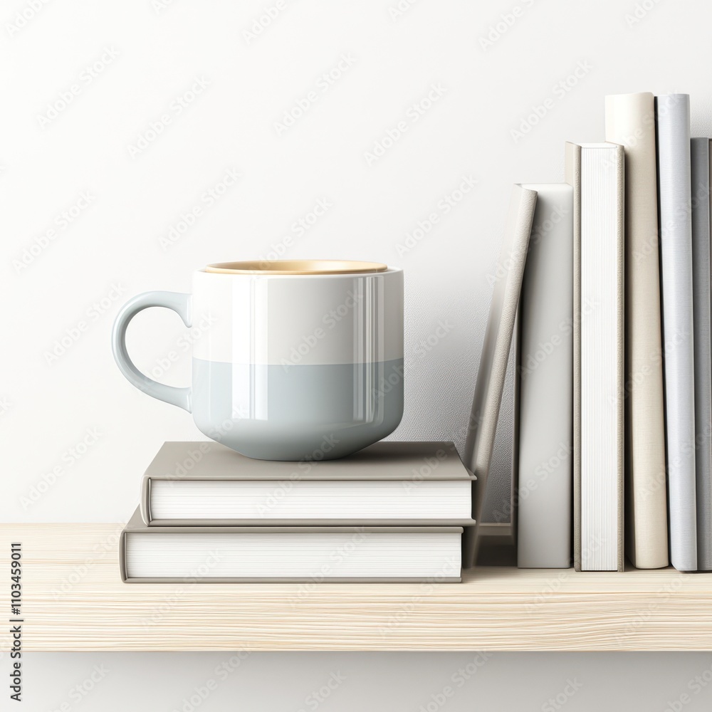 Naklejka premium A stylish coffee mug rests atop stacked books on a wooden shelf, creating a clean and minimalist aesthetic, This image is perfect for interior design, lifestyle blogs, or stationery promotions,