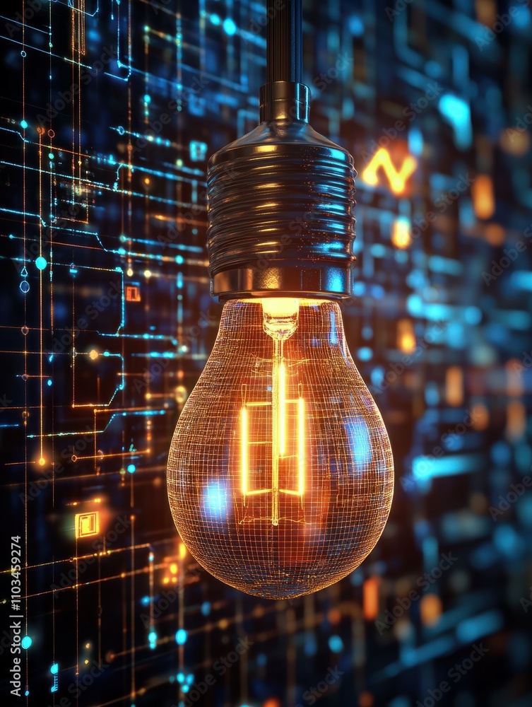 Glowing circuit lamp on digital grid background. Idea and innovation concept. 3D Rendering. Glowing circuit lamp on digital grid background. Idea and innovation concept. 3D Rendering.