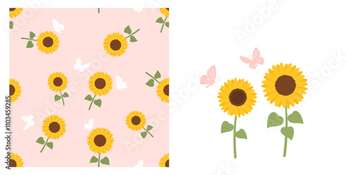 Seamless pattern with sunflower and butterfly cartoons on pink background. Sunflower and butterfly icon set isolated on white background vector.