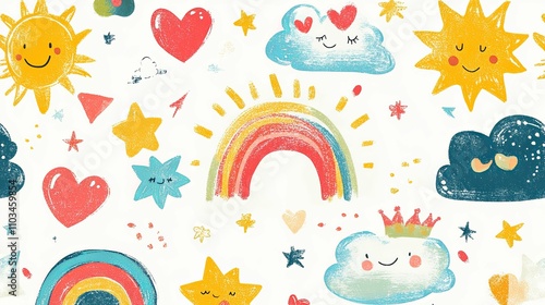 Happy Childrens Whimsical Rainbow Sun Cloud Pattern