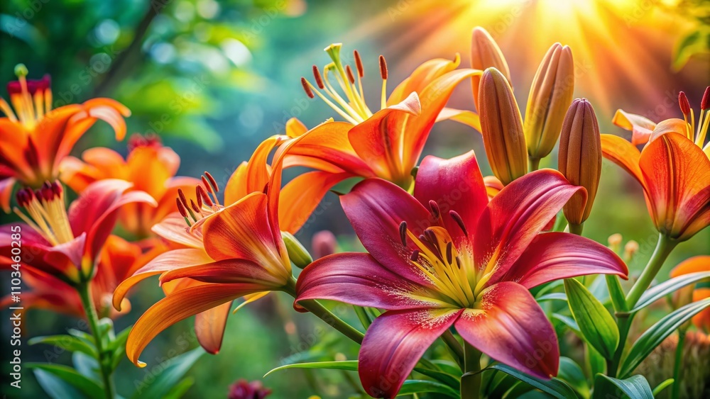 Captivating Summer Garden with Vibrant Lily Blooms Showcasing the Beauty of Nature and Floral Diversity in a Colorful Outdoor Setting Full of Life Captivating Summer Garden with Vibrant Lily Blooms Showcasing the Beauty of Nature and Floral Diversity in a Colorful Outdoor Setting Full of Life