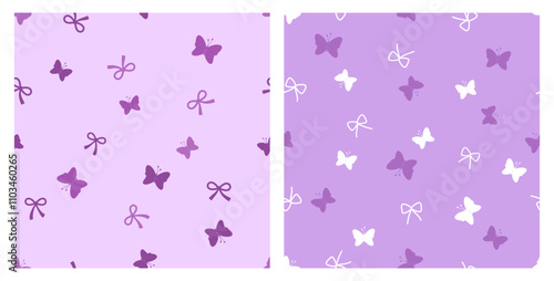 Canvas Print Seamless patterns of butterfly cartoons and ribbon bows on purple backgrounds vector