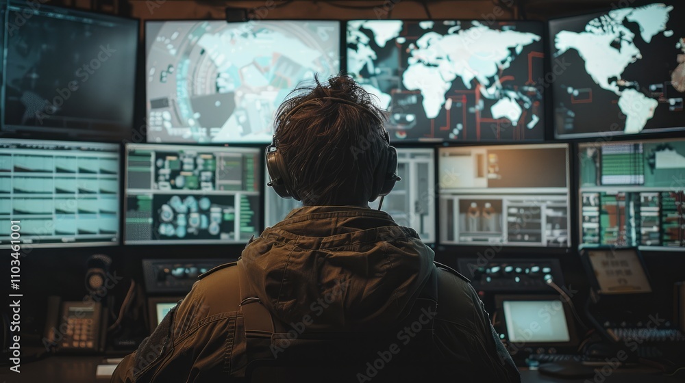 Man is working in military control room, ensuring national security through control and monitoring. Man is working in military control room, ensuring national security through control and monitoring.
