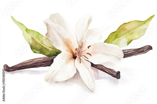 Delicate Vanilla Blossom with Pods and Leaves. Watercolor Hand-drawn Illustration on White Background