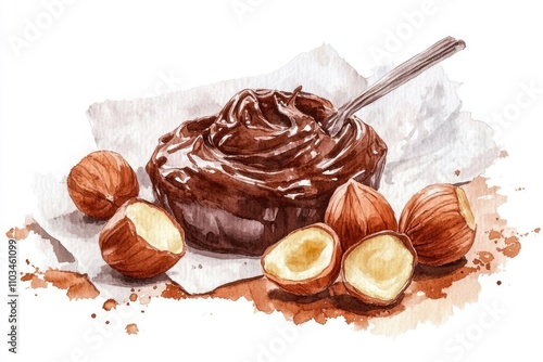 Delectable Hazelnut Cream. Watercolor Illustration of Sweet Dessert Paste