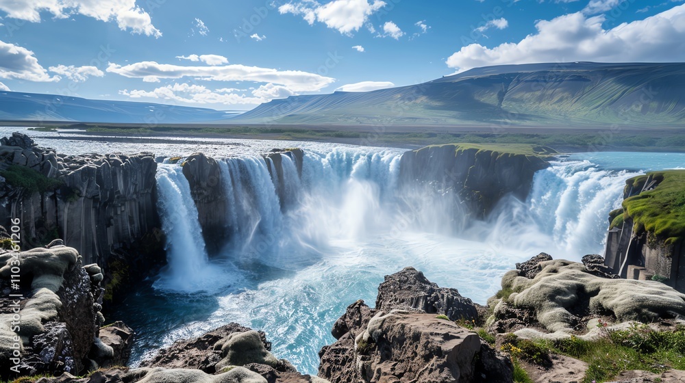 A stunning view of a large waterfall cascading over a rocky cliff, with mountains and a blue sky in the background. A stunning view of a large waterfall cascading over a rocky cliff, with mountains and a blue sky in the background.