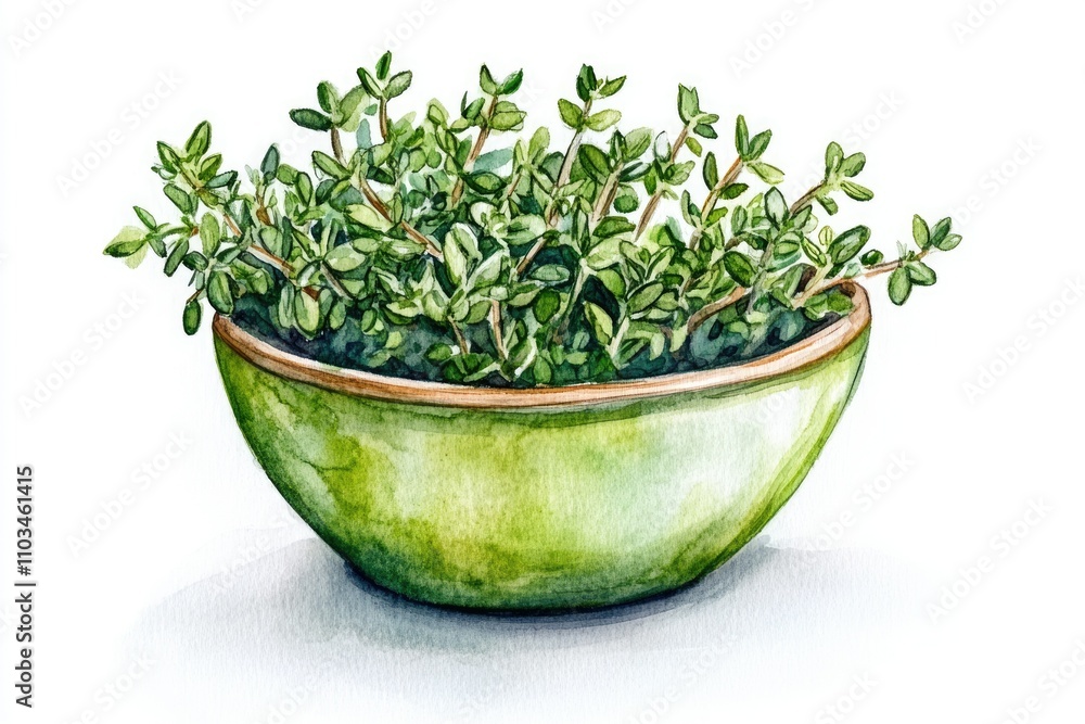 Fresh Thyme Herb. Green Plant with Aromatic Leaves in Hand-drawn Watercolor Illustration on White Background Fresh Thyme Herb. Green Plant with Aromatic Leaves in Hand-drawn Watercolor Illustration on White Background