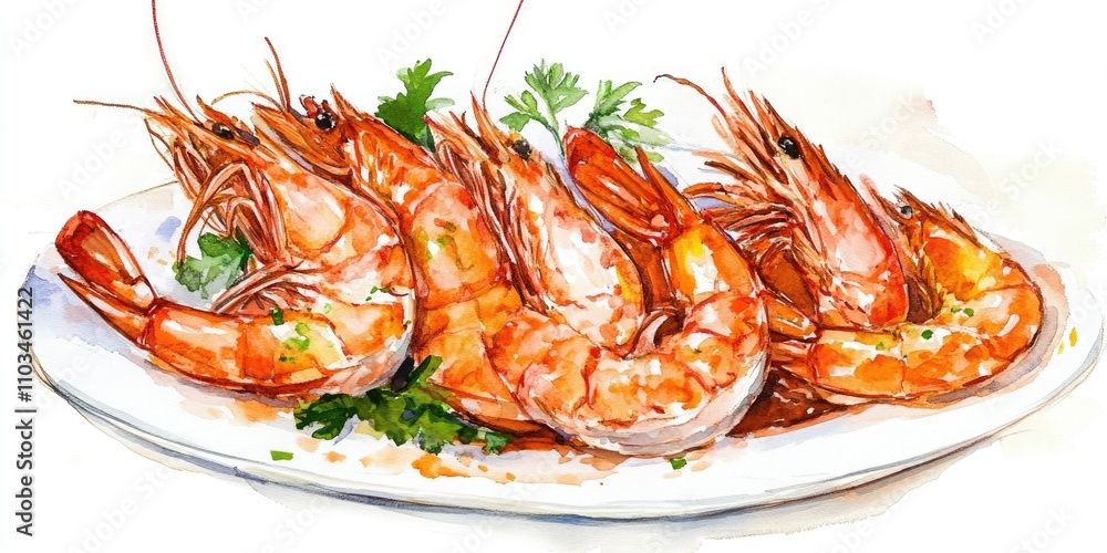 Freshly Cooked Seafood Delight. Watercolor Illustration of Delicious Shrimp Dish Freshly Cooked Seafood Delight. Watercolor Illustration of Delicious Shrimp Dish