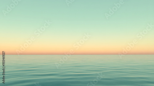 Serene seascape at sunset. Calm ocean water meets a pastel sky, creating a tranquil and peaceful atmosphere. Minimalist and beautiful.