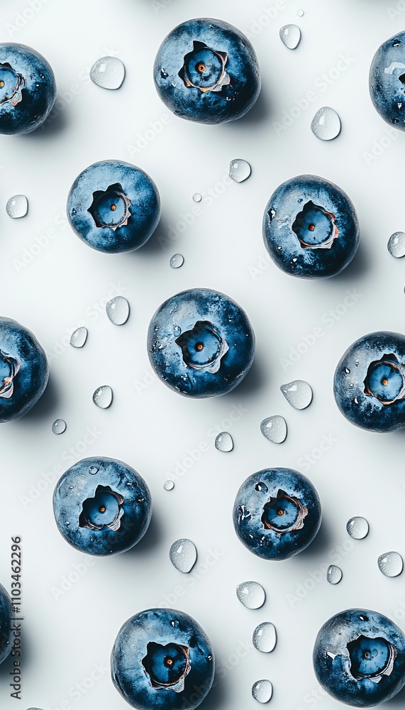 Fresh, Ripe Blueberries Scattered on White Background with Water Droplets, Healthy Food Concept Fresh, Ripe Blueberries Scattered on White Background with Water Droplets, Healthy Food Concept
