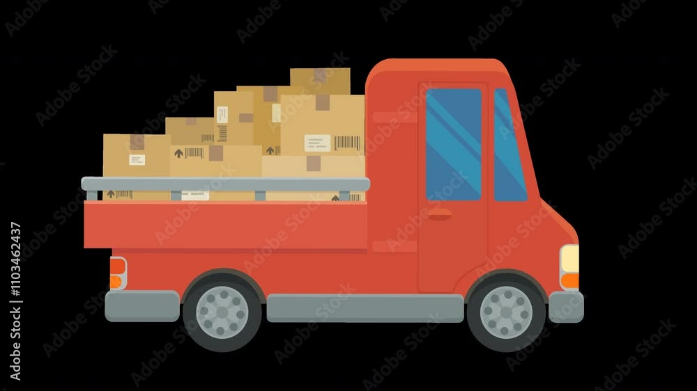 Animation loop of a red van with its exterior bed containing cardboard packages moving in flat design style on green screen with alpha channel Animation loop of a red van with its exterior bed containing cardboard packages moving in flat design style on green screen with alpha channel