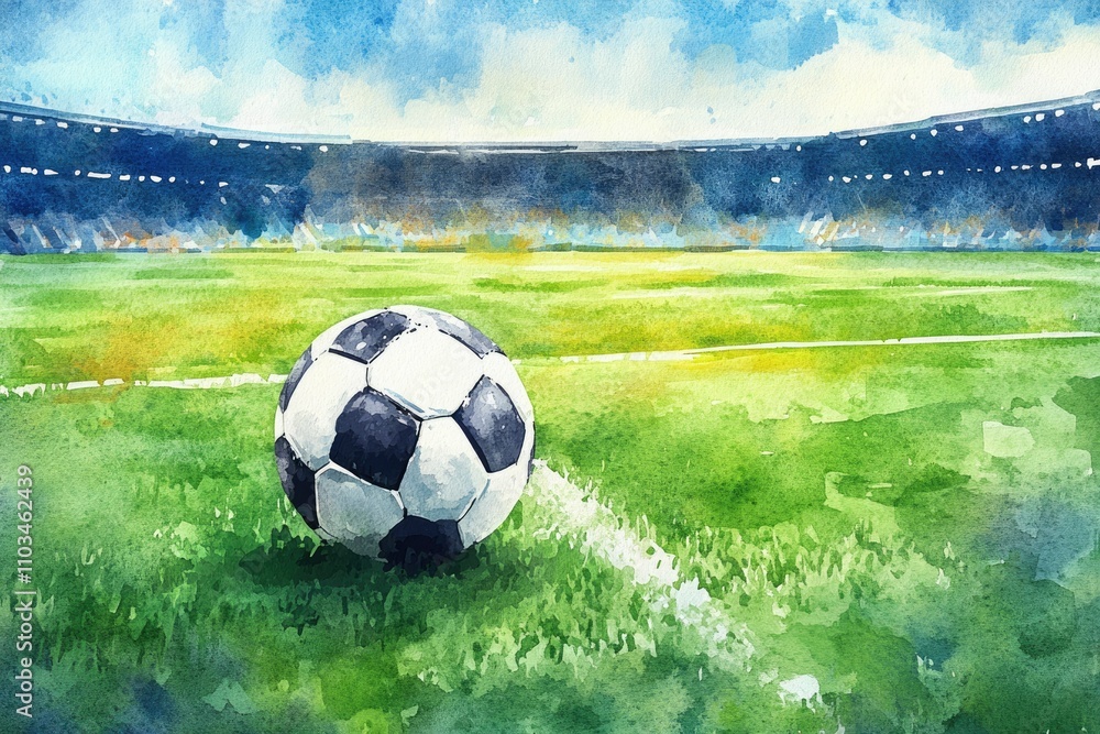 Fototapeta premium Soccer Championship Match. Hand-drawn Watercolor Illustration of Penalty Kick on Green Field Stadium