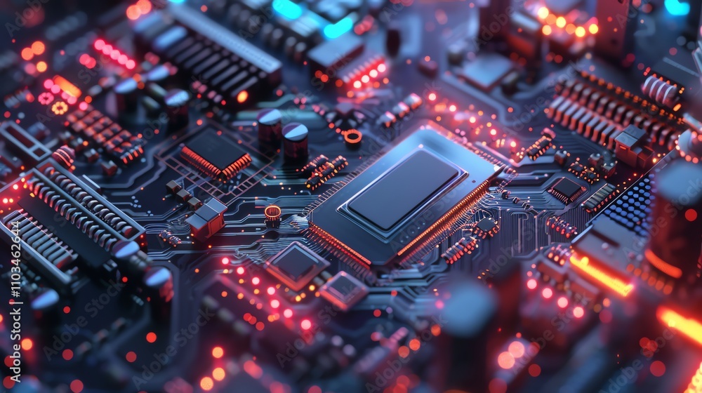 A close-up of a circuit board with glowing red lights and wires. A close-up of a circuit board with glowing red lights and wires.