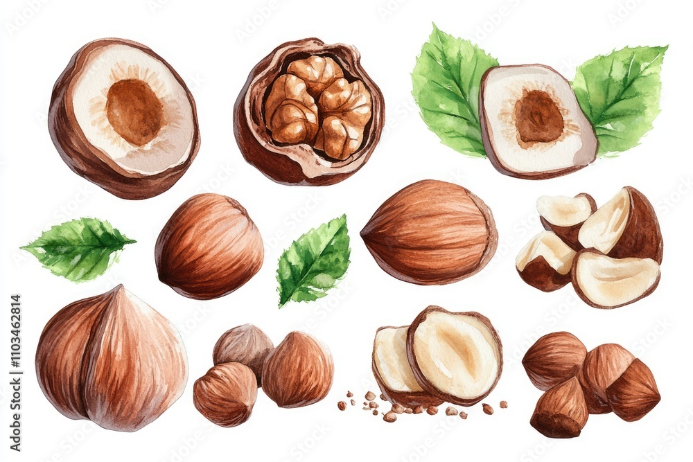Watercolor Hazelnut Variety. Hand-drawn Food Illustration Set in Brown and White Background Watercolor Hazelnut Variety. Hand-drawn Food Illustration Set in Brown and White Background