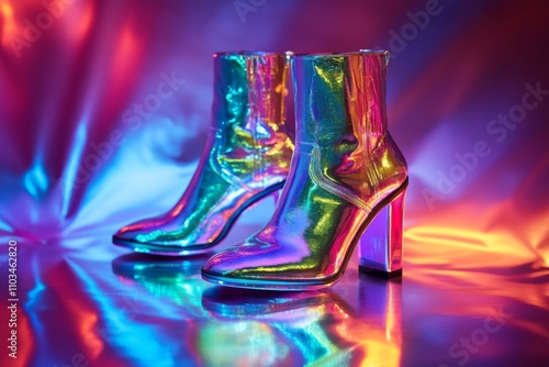 pair of futuristic holographic silver ankle boots with  heels on neon abstract background  photo