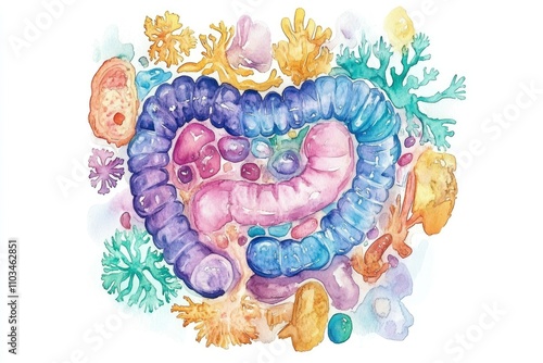 Watercolor Illustration of Beneficial Gut-Friendly Bacteria for Immune Support