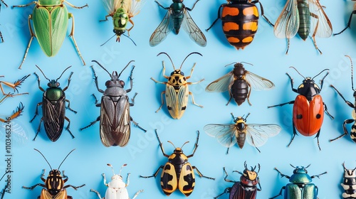 An assortment of colorful insects arranged on a blue background.