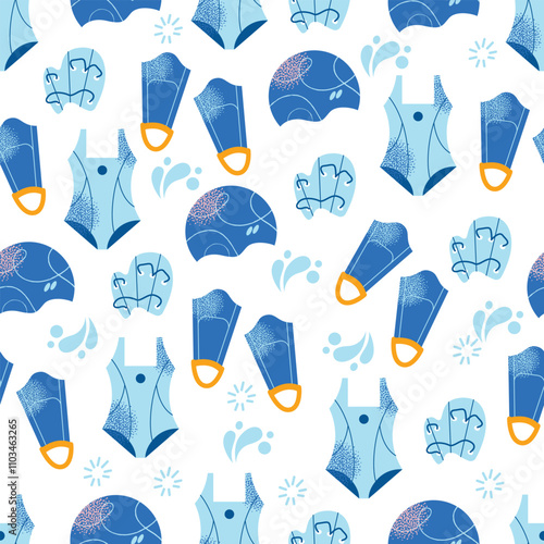 Seamless pattern swimming equipment and accessories swimsuits, goggles, flippers, swim caps, water bottle, towel, and kickboard. Flat cartoon illustration with colorful design elements isolated