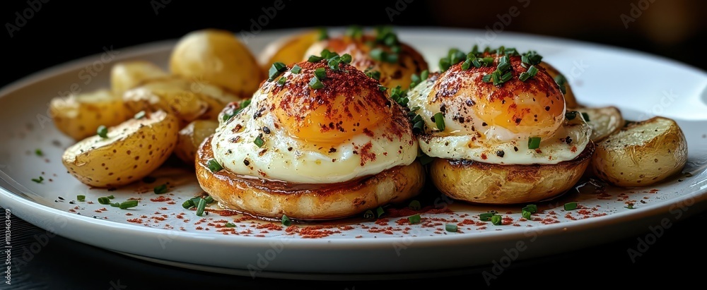 luxuriously plated eggs benedict garnished with vibrant paprika and fresh chives accompanied by golden sliced potatoes on a pristine white dish evoking warmth and indulgence luxuriously plated eggs benedict garnished with vibrant paprika and fresh chives accompanied by golden sliced potatoes on a pristine white dish evoking warmth and indulgence