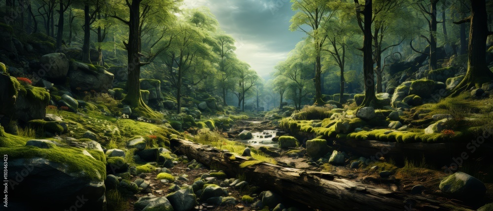 Fototapeta premium Tranquil Forest Scene with Lush Greenery and Serene Atmosphere