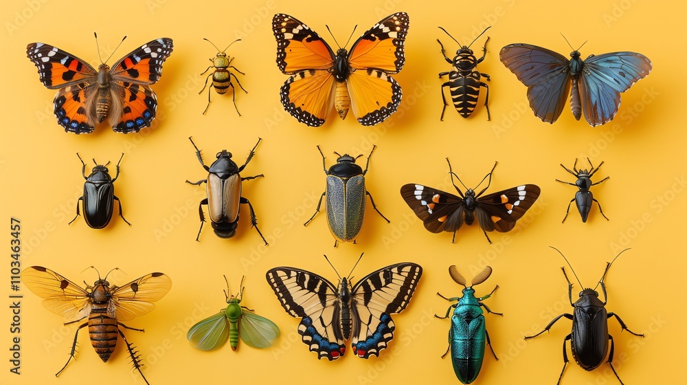 A collection of various colorful insects and butterflies on a yellow background. A collection of various colorful insects and butterflies on a yellow background.