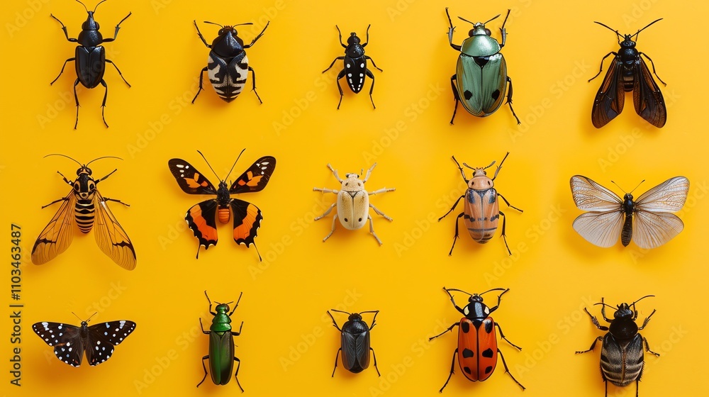 A collection of colorful insects, butterflies, and moths arranged on a yellow background. A collection of colorful insects, butterflies, and moths arranged on a yellow background.