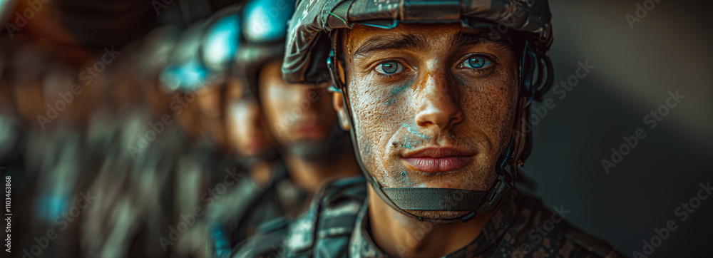 Courageous Warrior: A Portrait of a Male Soldier in Military Attire Surrounded by Comrades Courageous Warrior: A Portrait of a Male Soldier in Military Attire Surrounded by Comrades