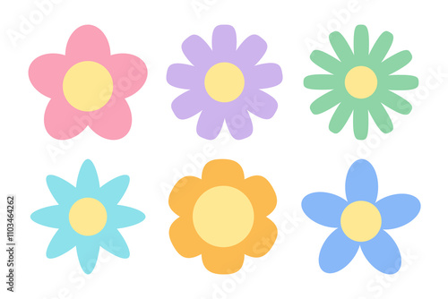 Spring flower set. Pastel color flowers collection. Daisy chamomile, cornflower, sun flower, chrysanthemum. Fresh and blooming elements. Growing concept. Flat design. White background Isolated. Vector