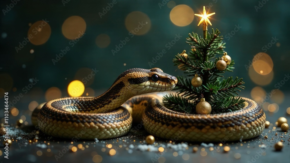 Fototapeta premium A snake wraps around Christmas tree against a bright lights background with copy space. Golden snow bokeh. New Year symbol of Eastern calendar. Holiday postcard. Mockup design of invitation card