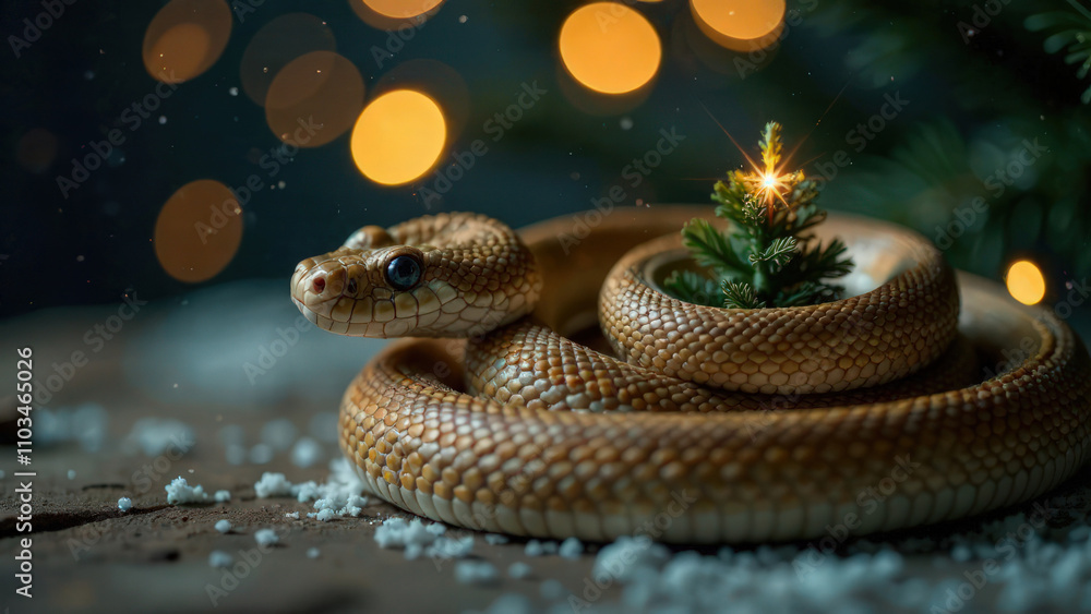 A snake wraps around Christmas tree against a bright lights background with copy space. Golden snow bokeh. New Year symbol of Eastern calendar. Holiday postcard. Mockup design of invitation card A snake wraps around Christmas tree against a bright lights background with copy space. Golden snow bokeh. New Year symbol of Eastern calendar. Holiday postcard. Mockup design of invitation card