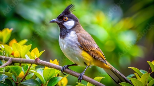 Captivating White-eared Bulbul Bird Perched on a Branch in Lush Greenery, Showcasing Its Unique Features and Natural Habitat for Stunning Product Photography