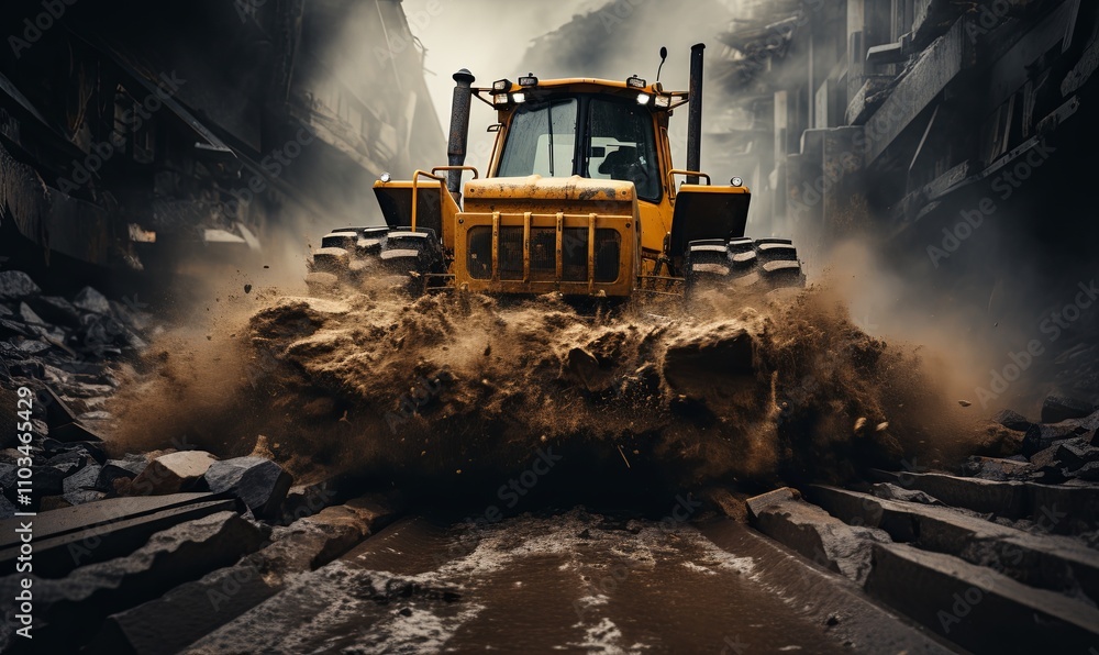 Bulldozer Digging Through Muddy Street Bulldozer Digging Through Muddy Street