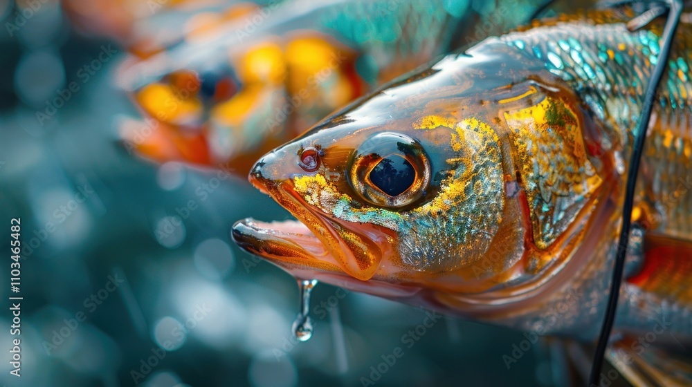 Close-up of vibrant fish with water droplets, showcasing their scales and texture. Close-up of vibrant fish with water droplets, showcasing their scales and texture.