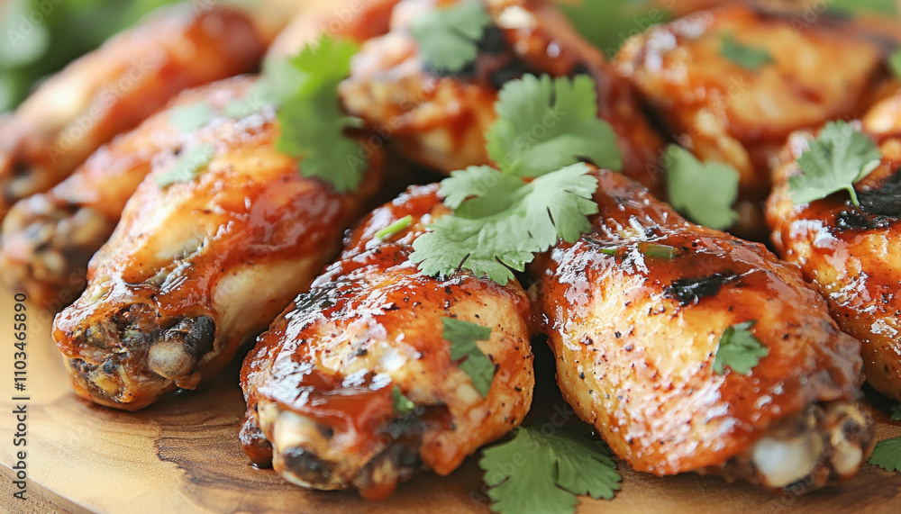 Delicious glazed chicken wings garnished with cilantro on wooden board Delicious glazed chicken wings garnished with cilantro on wooden board