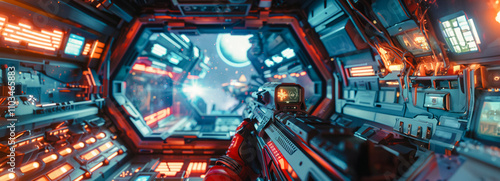 Virtual Battle: Futuristic FPS Space Shooter with Flying Robot Combat - Live eSports Tournament Stream Concept