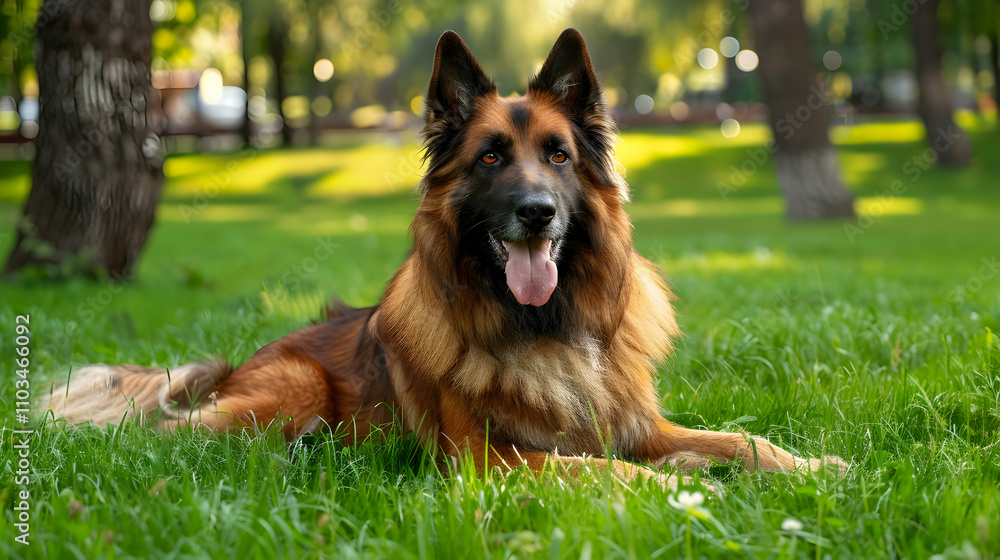 A Belgian shepherd dog is lying on a green lawn in a park, it's a sunny day. A Belgian shepherd dog is lying on a green lawn in a park, it's a sunny day.