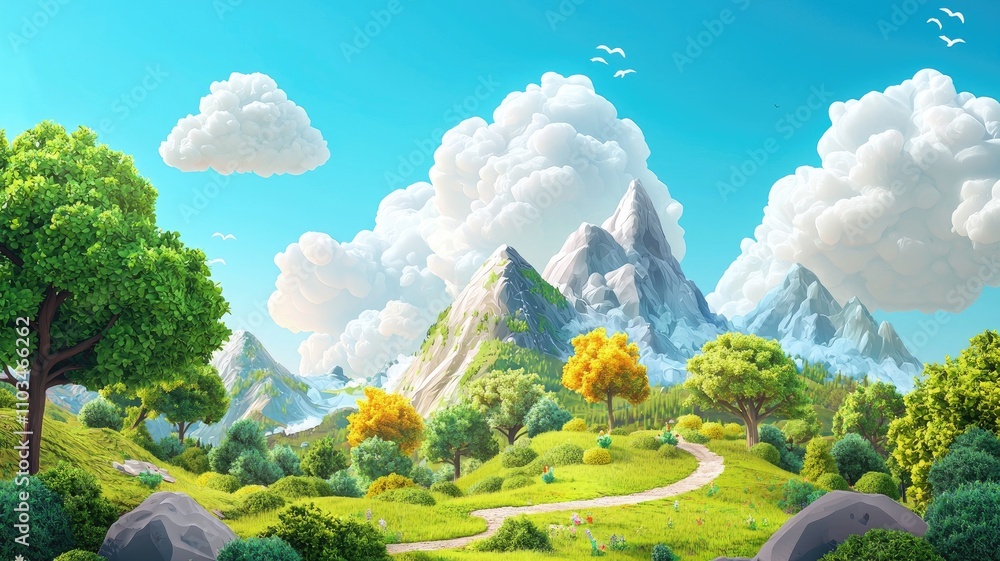 A winding path leading through a vibrant valley with snow-capped mountains and fluffy clouds in a cartoon style.
