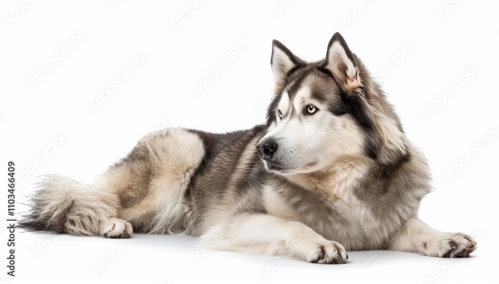 Alaskan malamute dog laying on white background Alaskan malamute dog laying on white background