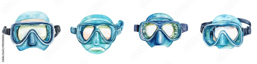 Four blue diving masks displayed in various angles against a white background. Summer element playful collection Four blue diving masks displayed in various angles against a white background. Summer element playful collection