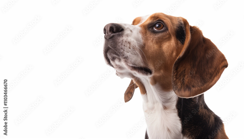 Beagle dog looks up on white background Beagle dog looks up on white background