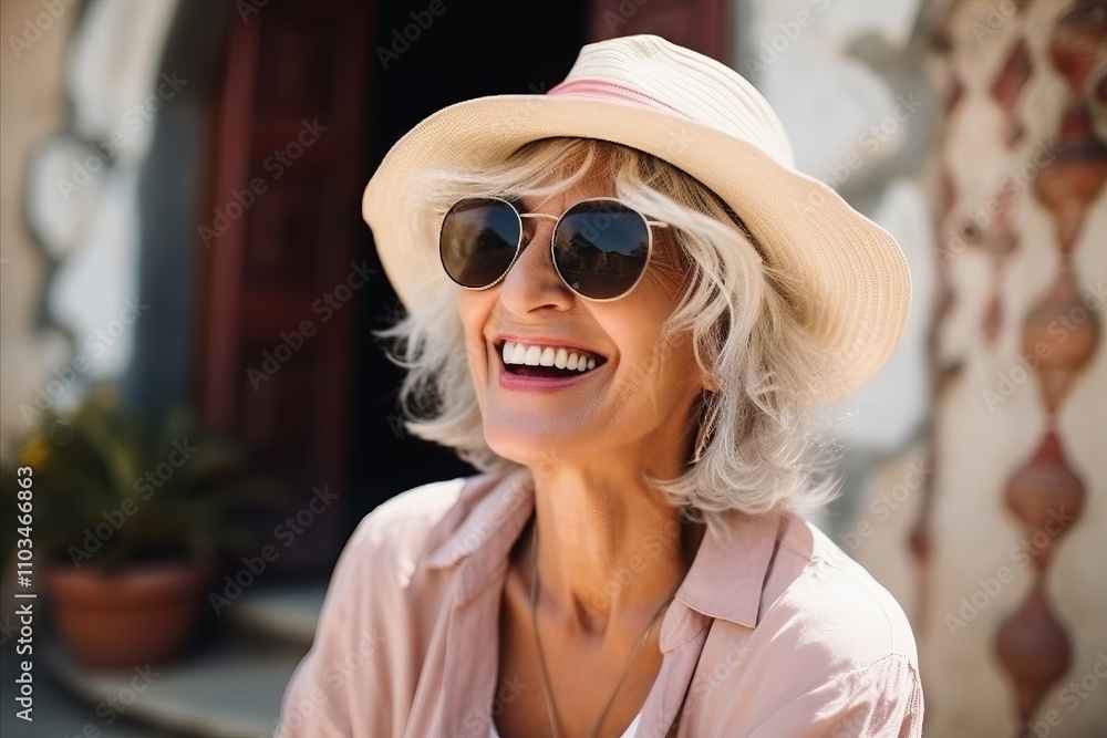 Portrait of happy senior woman in hat and sunglasses smiling at camera Portrait of happy senior woman in hat and sunglasses smiling at camera
