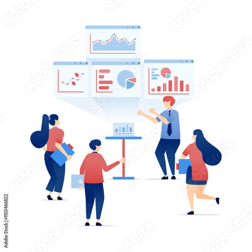 vector illustration of Business Presentation Attendees Analyze Strategy and Planning Charts for Corporate and Career Development. Can be used for banners, websites, apps flyers