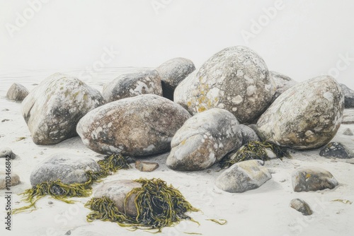 A serene depiction of large rocks on a sandy beach with seaweed, showcasing natural beauty.