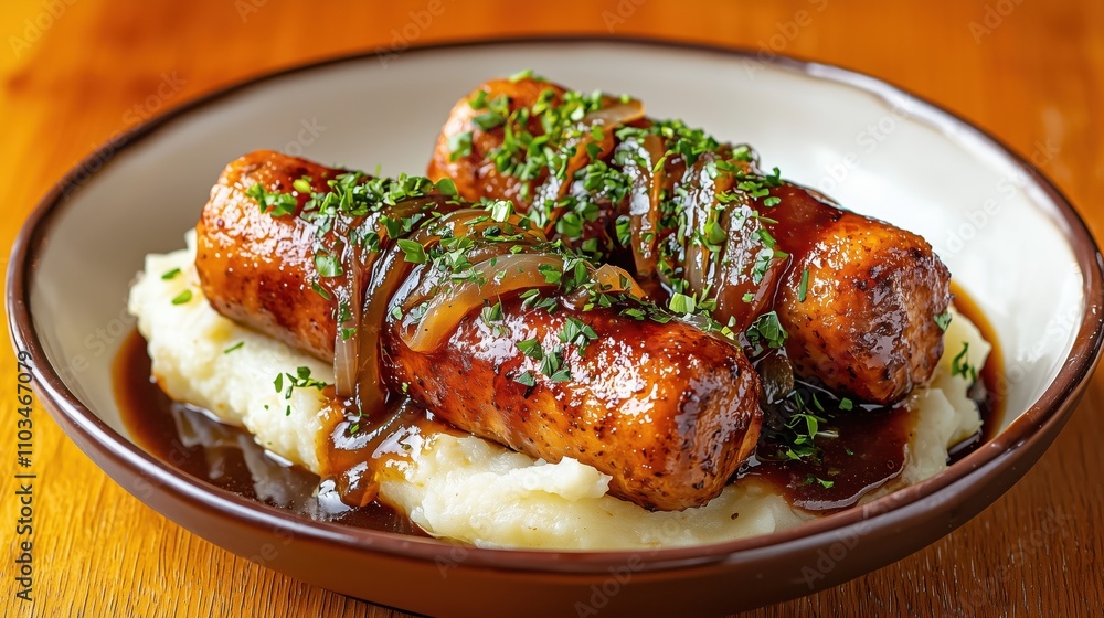 Delicious Bangers & Mash with Onion Gravy in Cozy Dining Ambience Delicious Bangers & Mash with Onion Gravy in Cozy Dining Ambience