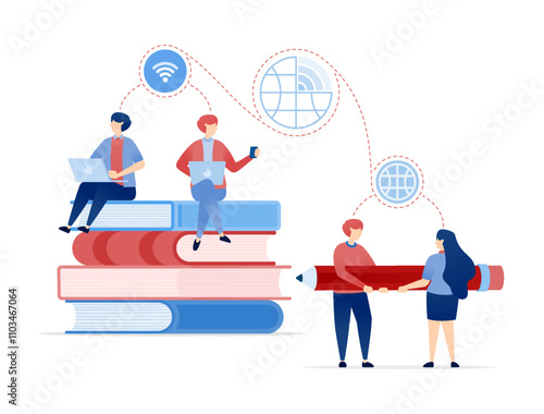 vector illustration of Students Explore Learning Opportunities by Sitting on Books and Using Internet Technology for Collaboration. Can be used for banners, websites, apps flyers