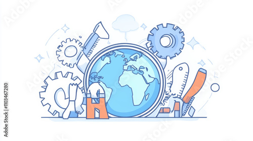 Line flat business vector illustration. Thin line concept of Global Service. Gears, tools, call center operator as earth. Global business conception.